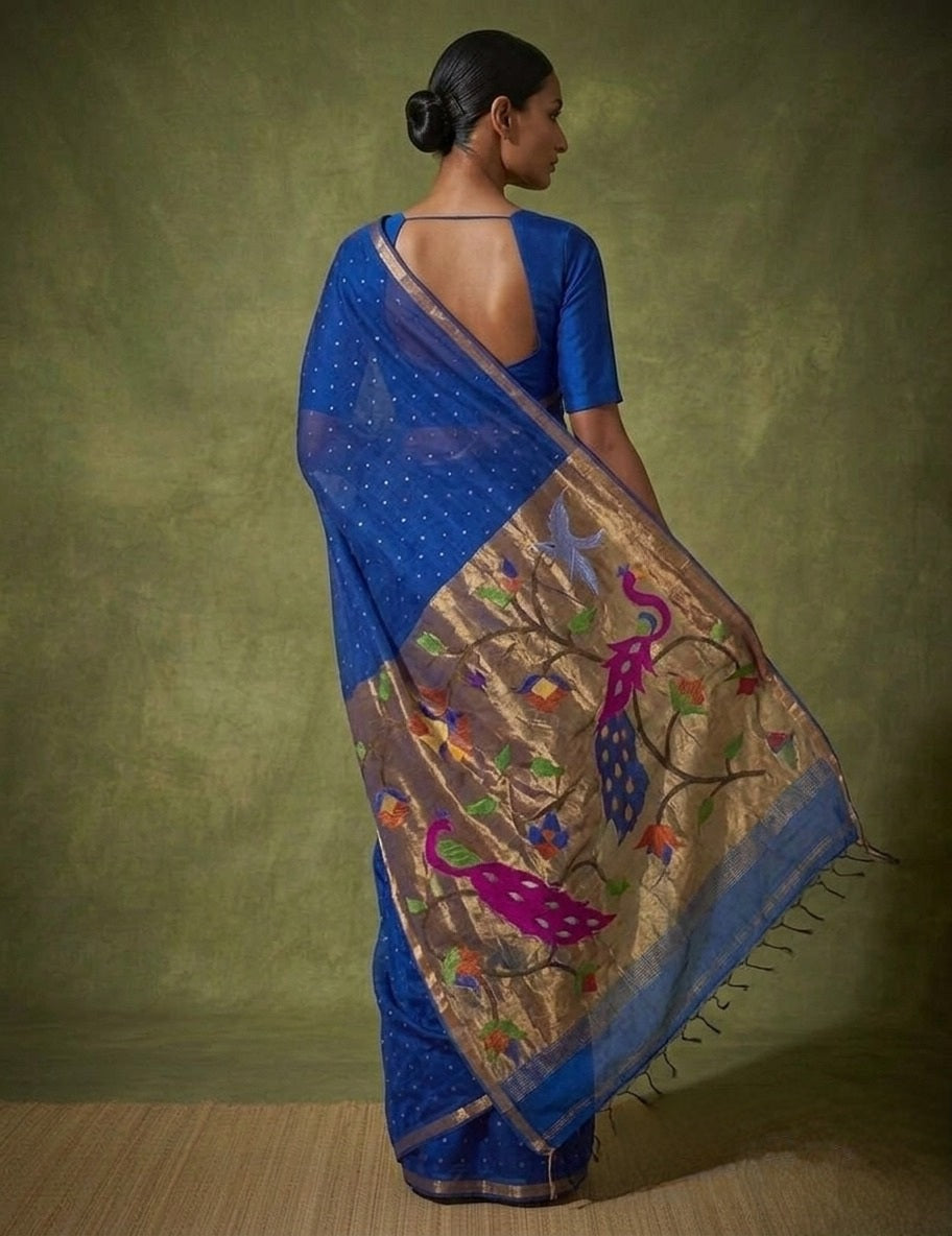 Handspun royal blue paithani resham silk saree