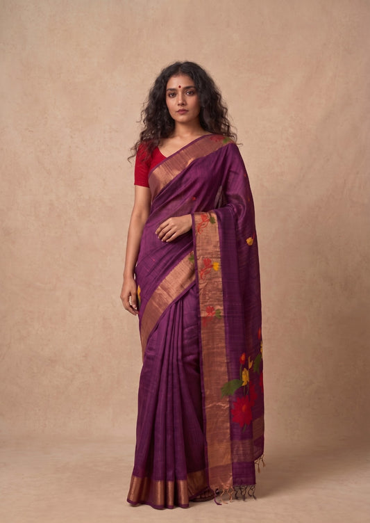 Dark maroon tussar Jamdani saree