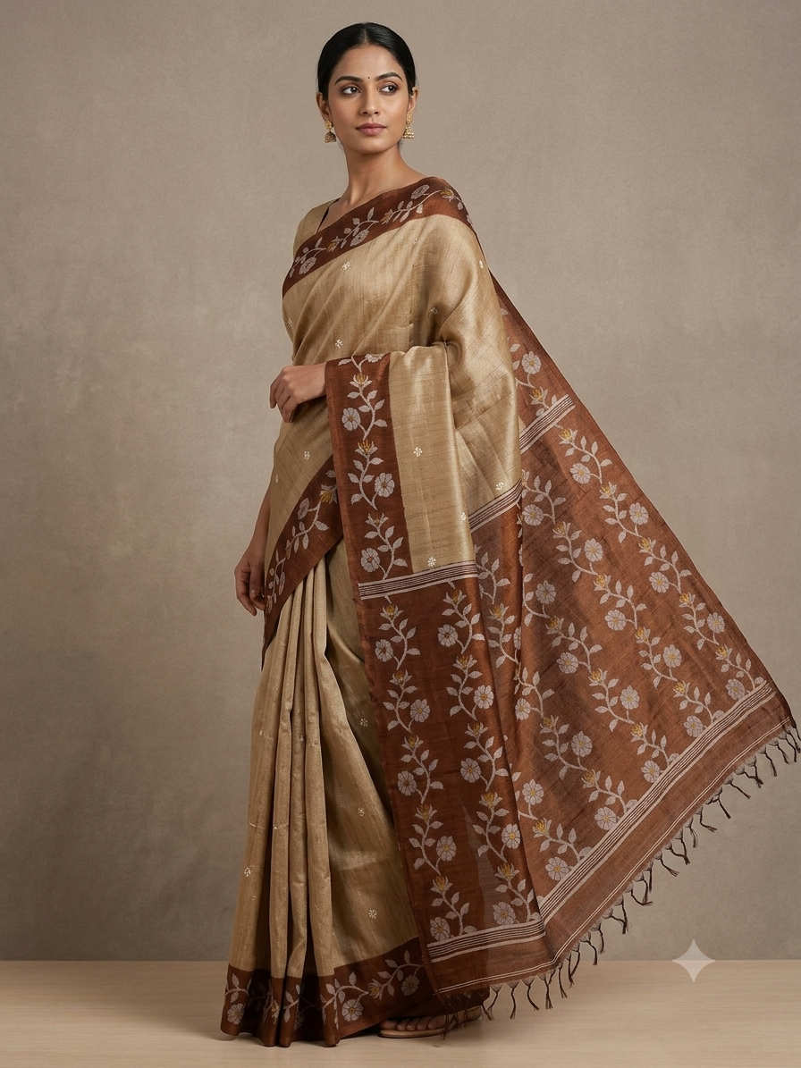 Light and dark brown tussar Jamdani saree