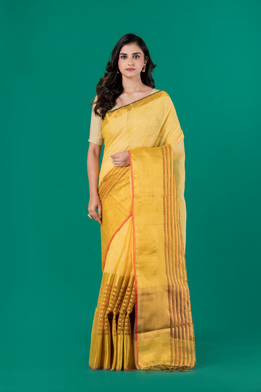 Bright yellow linen saree striped borders