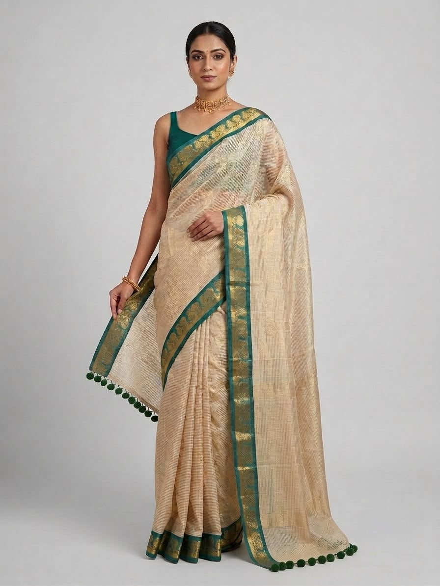 Zari striped pure tissue mul cotton saree  Rama green border