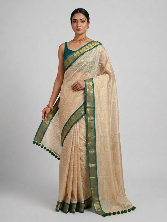 Zari striped pure tissue mul cotton saree  Rama green border
