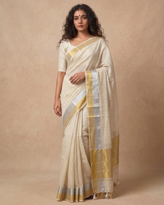Offwhite sona chaandi zari border mulmul saree