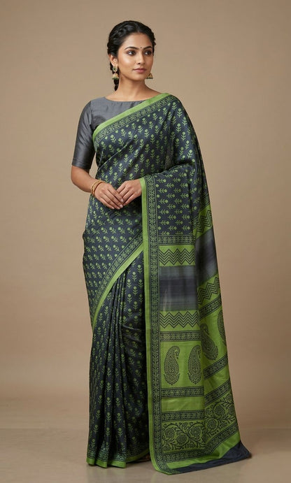 Sage green printed tussar saree
