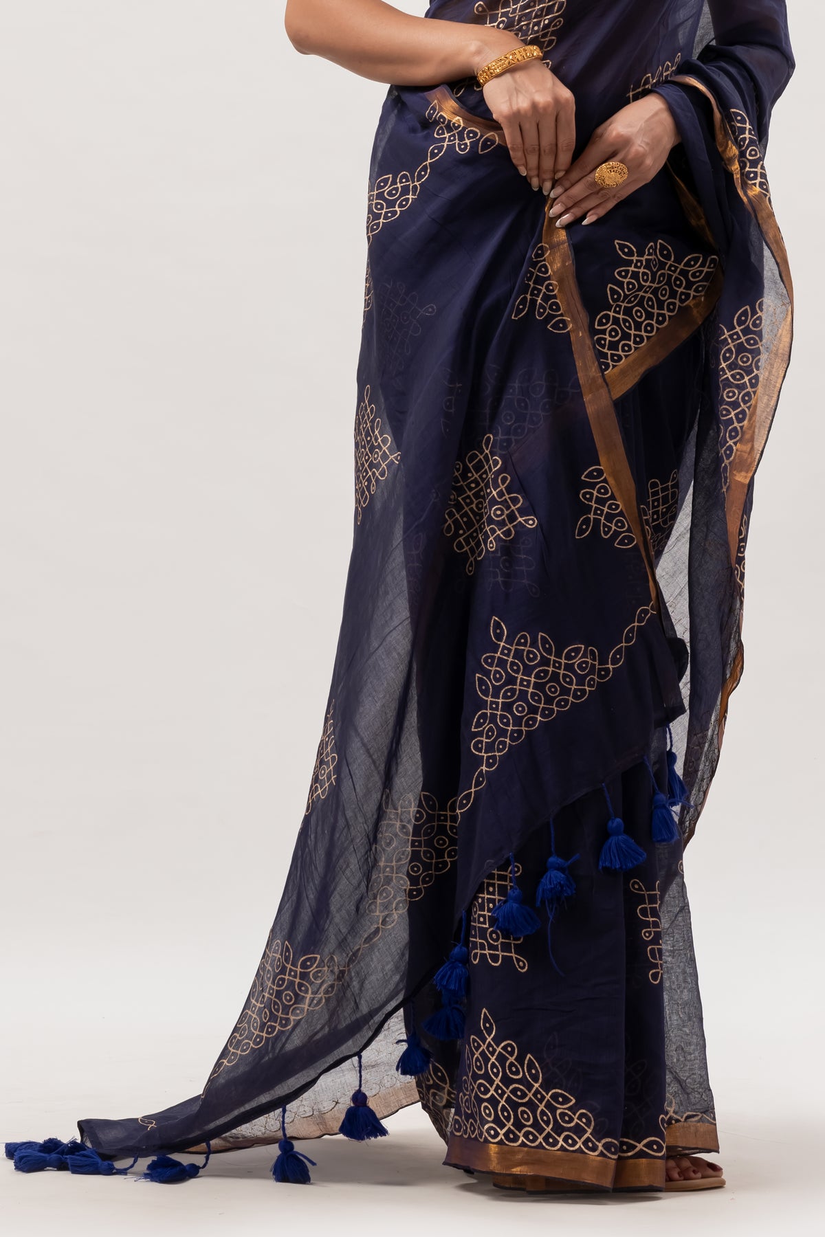 Deep Navy Blue Mul Cotton Saree with Gold Geometric Motifs