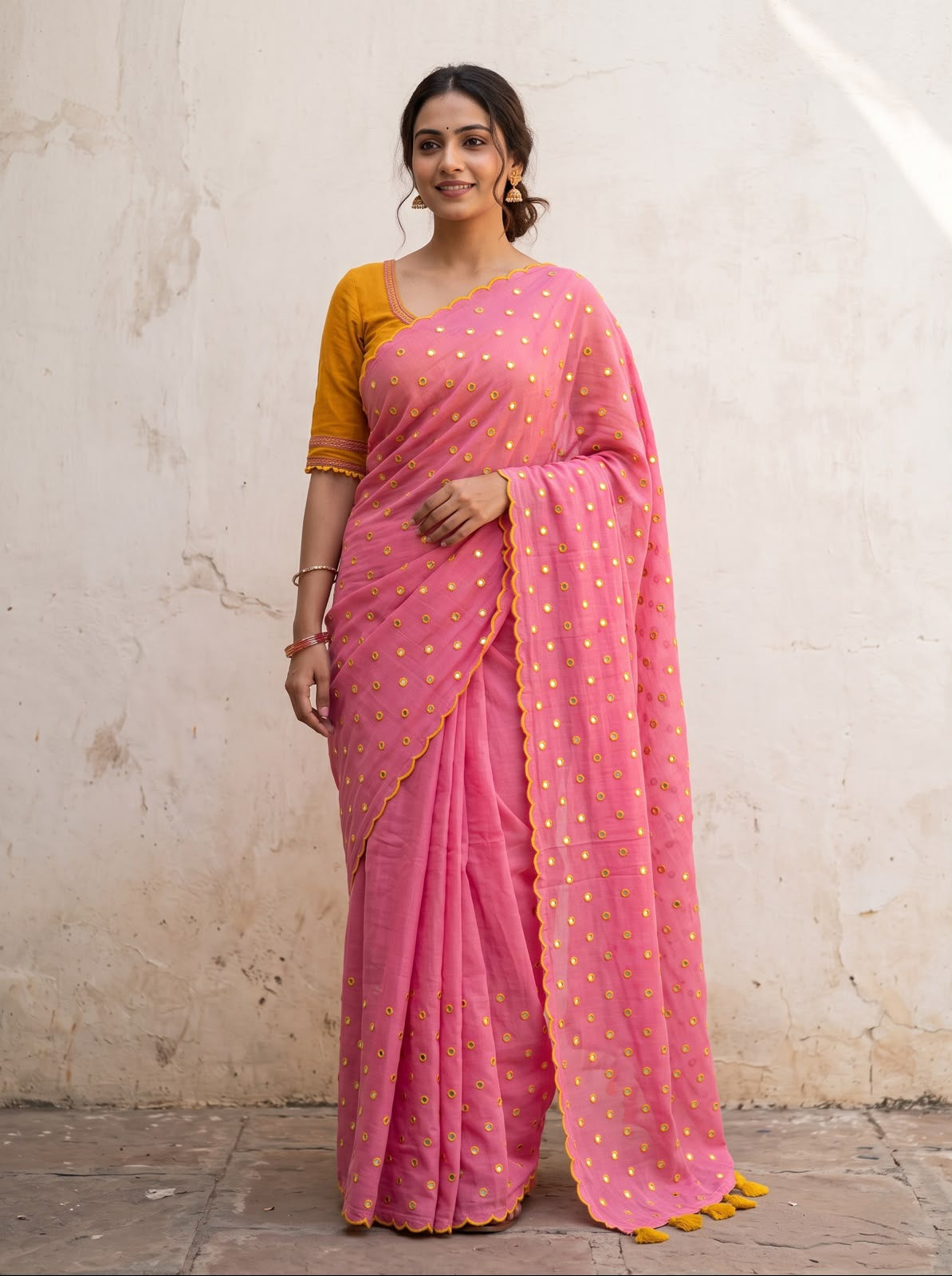 Pink Scallop Border Mirror Work Saree