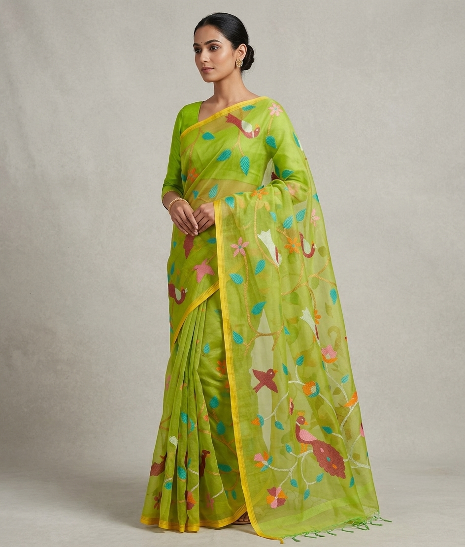 Parrot green all over jamdani resham silk saree