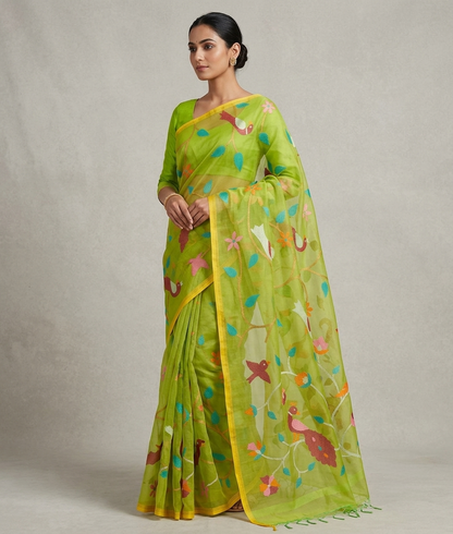 Parrot green all over jamdani resham silk saree