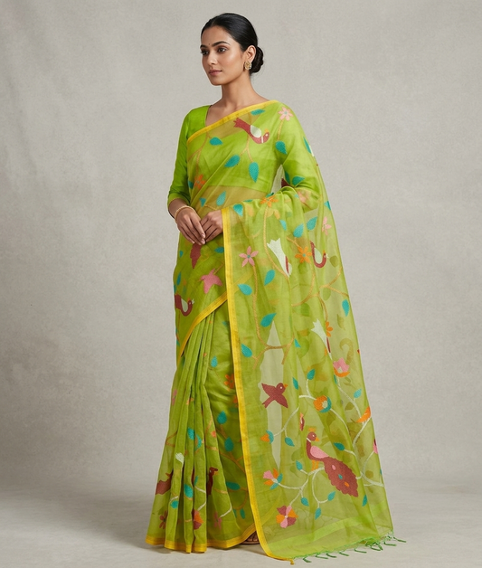 Parrot green all over jamdani resham silk saree