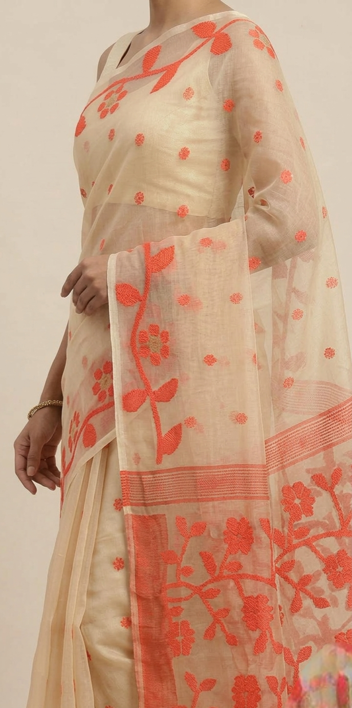 Off white and orange jamdani woven resham Silk