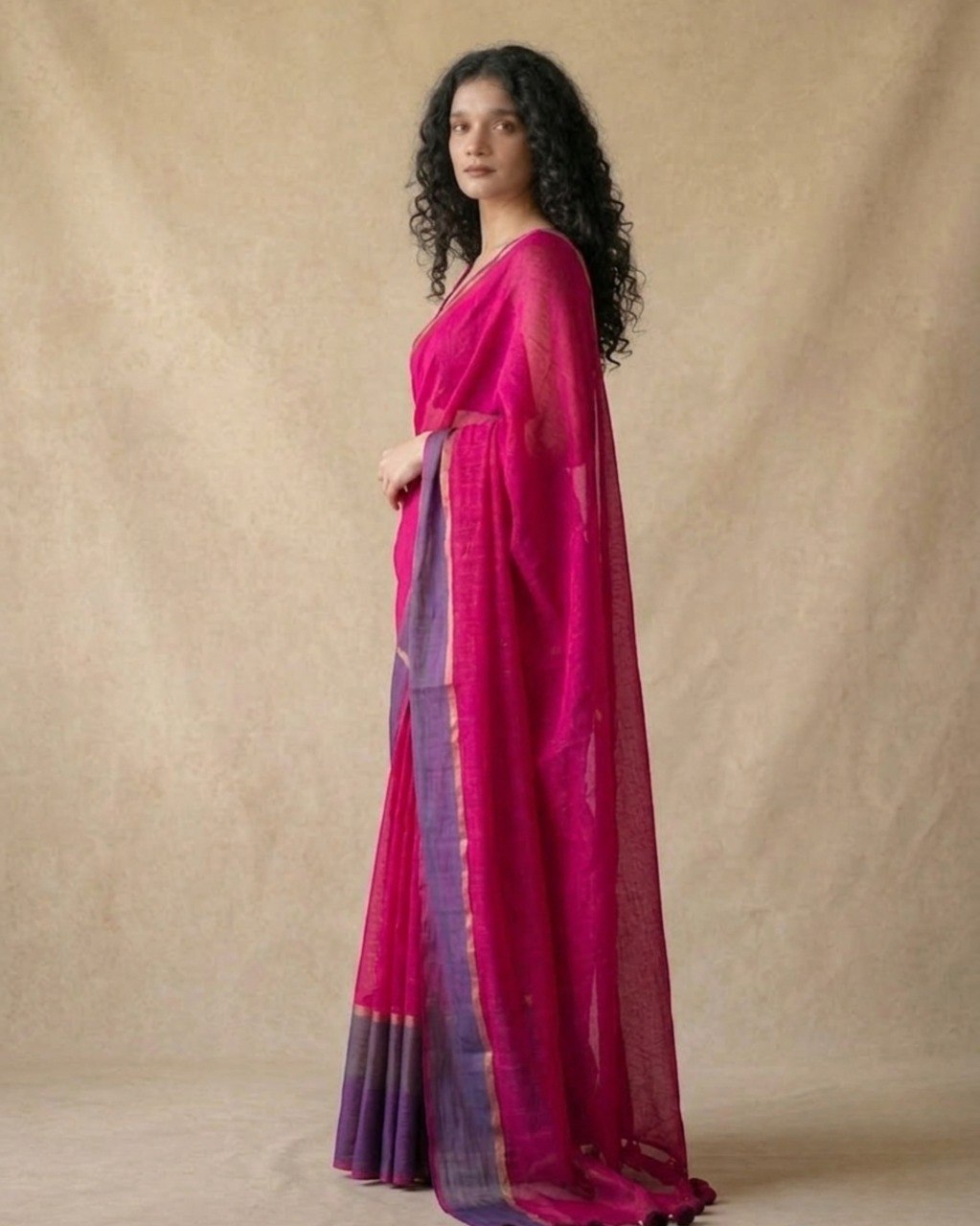 Dual border dark pink mulmul cotton saree