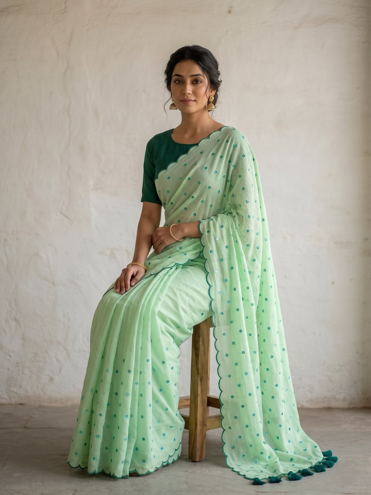 Mint green scallop Border Mirror Work Saree
