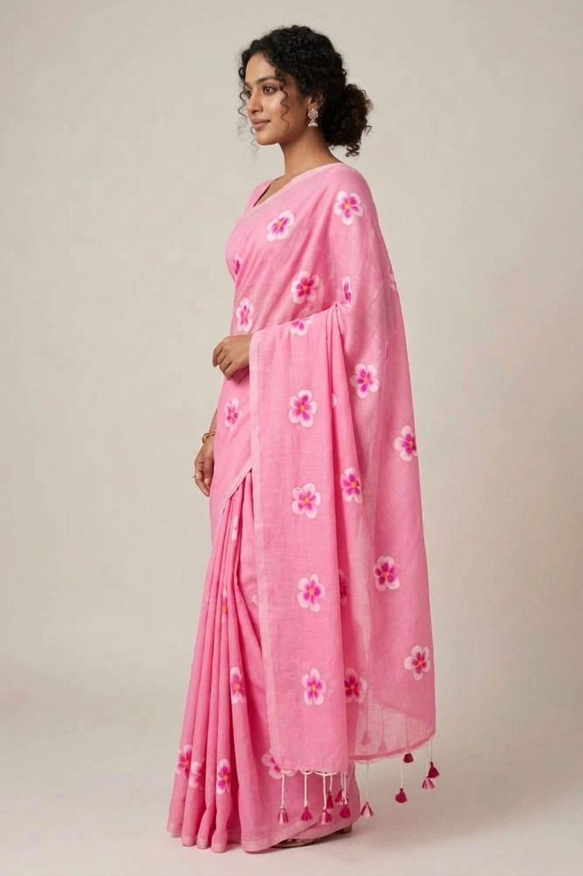 Soft Pink Floral Printed Mul Cotton Saree