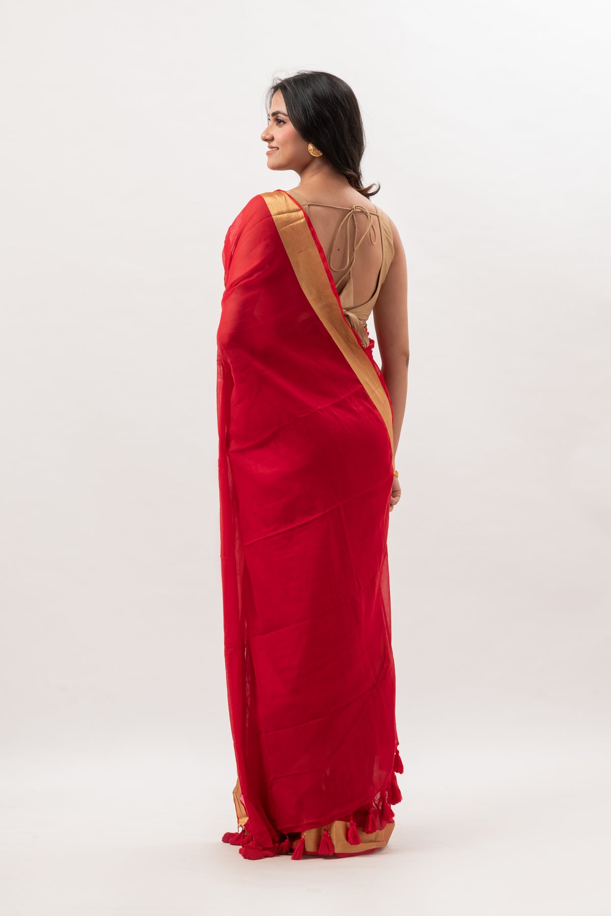 Vermillion red gold zari border mulmul saree