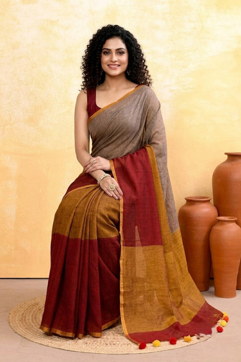 Tri-colour soft mul cotton saree