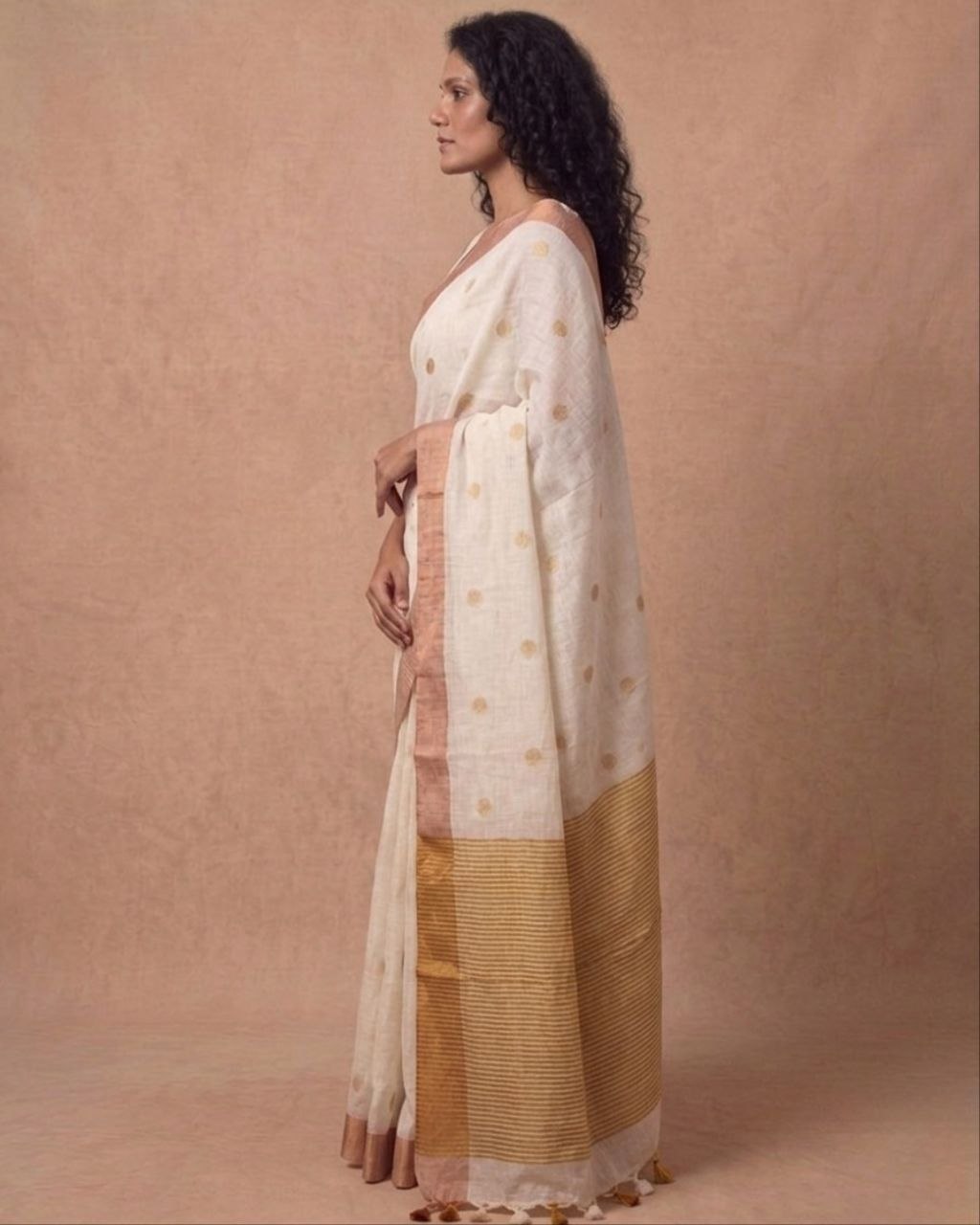 Off white mulmul cotton saree with gold dots