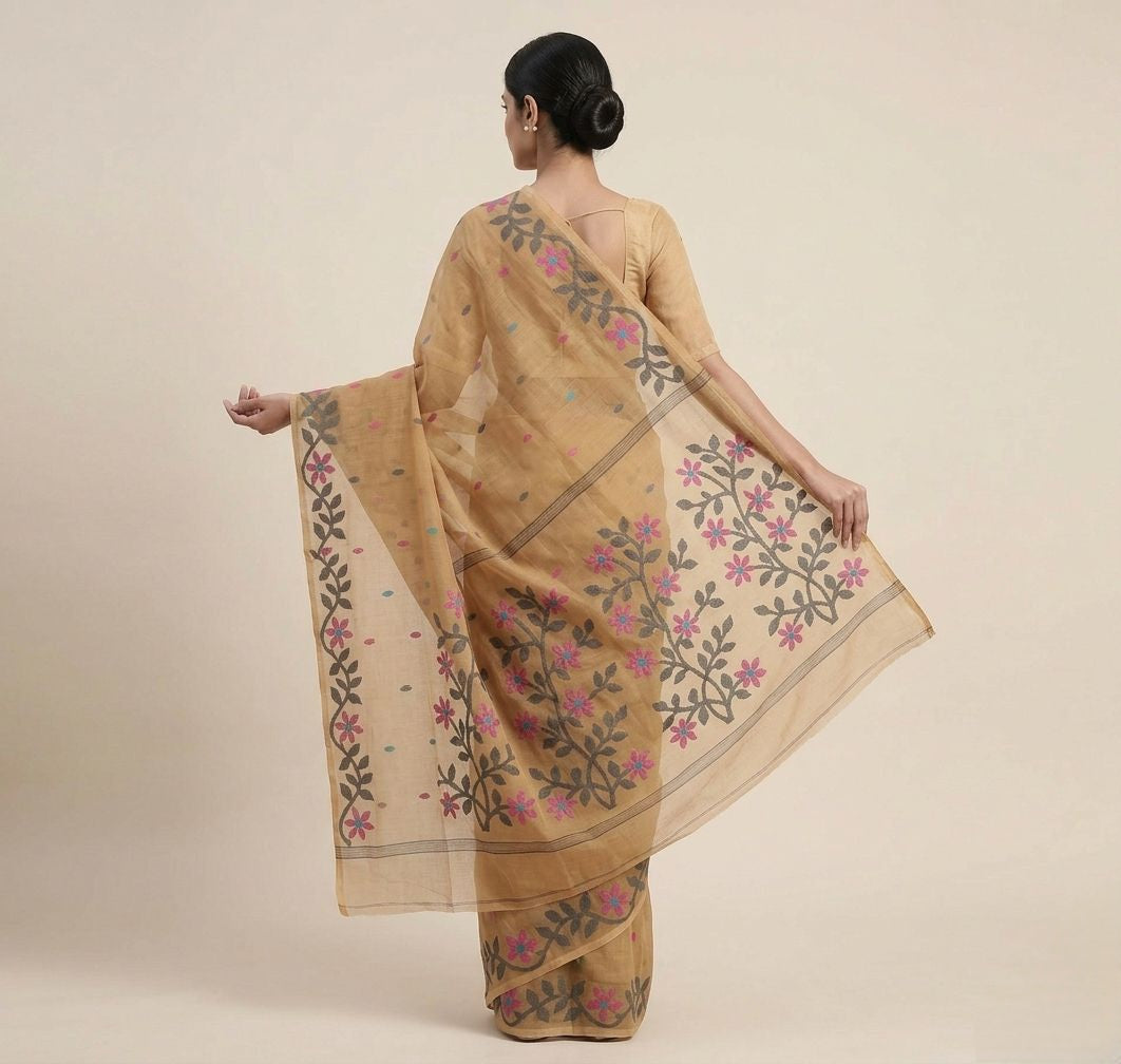 Light brown handmade jamdani pure Resham Silk