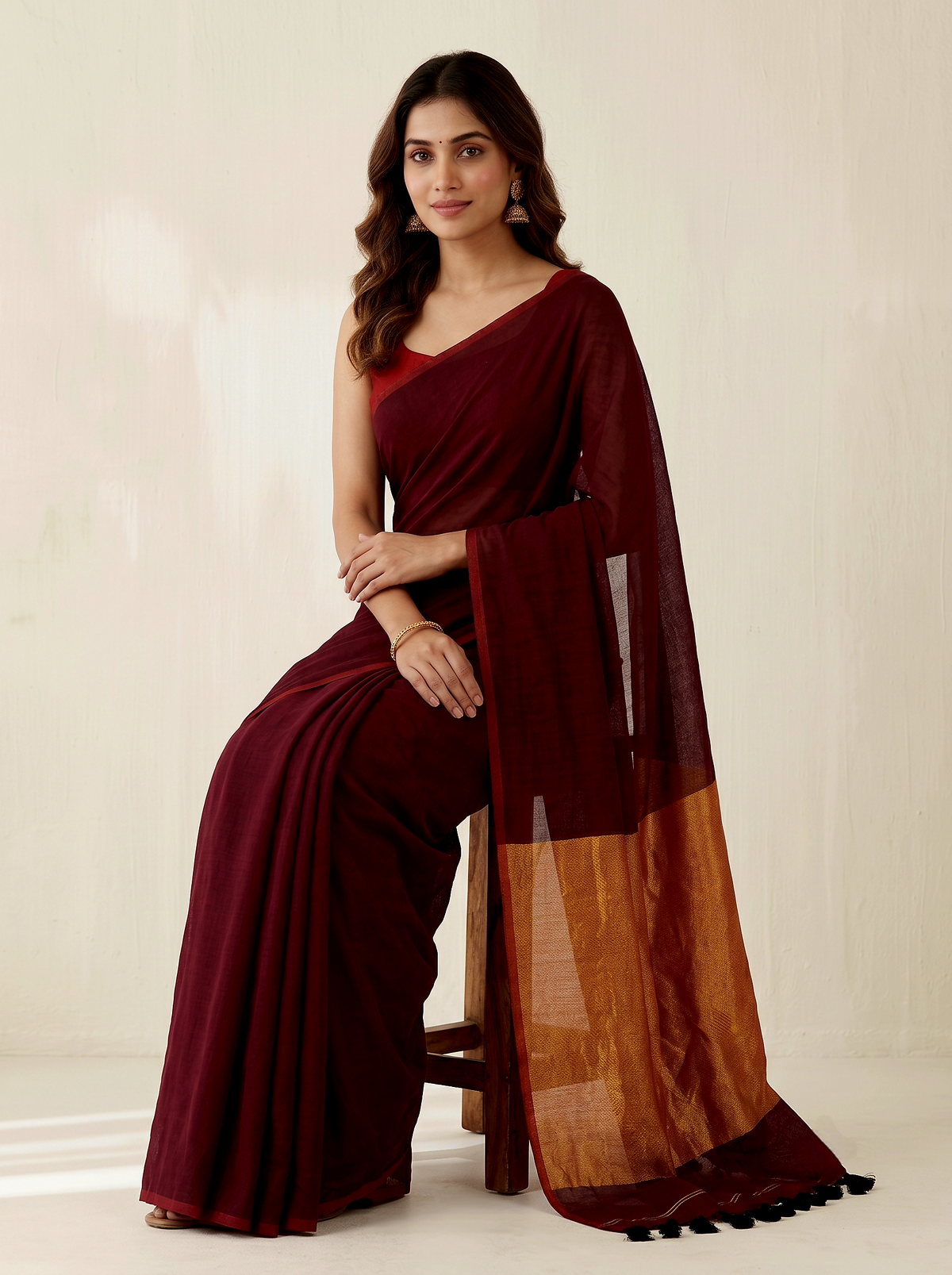 Classic maroon Mul Modal Saree with Rich Zari Pallu