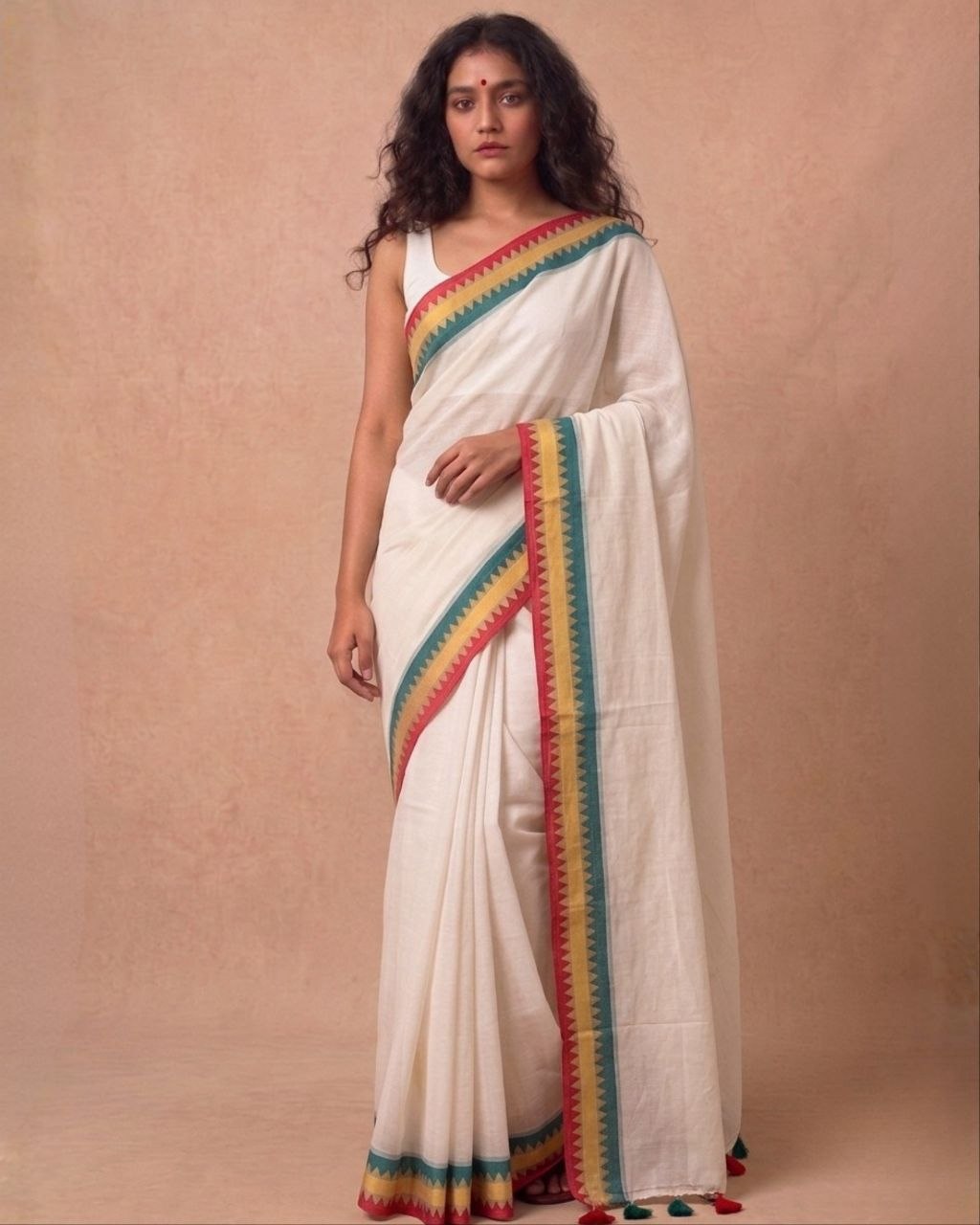 Off white zigzag solid border mulmul saree