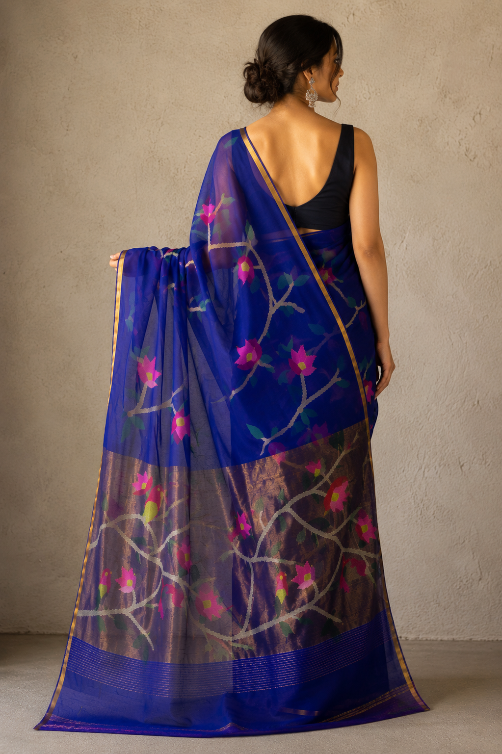 Cobalt blue handspun white resham paithni silk saree