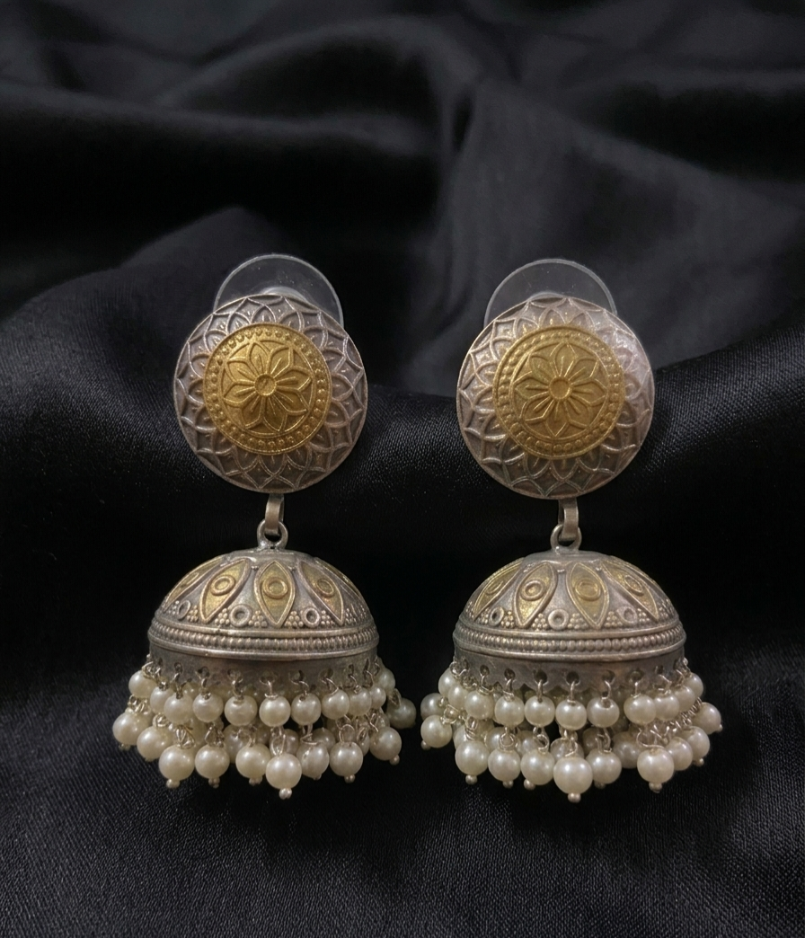 Dual tone big jhumka with pearl droplets