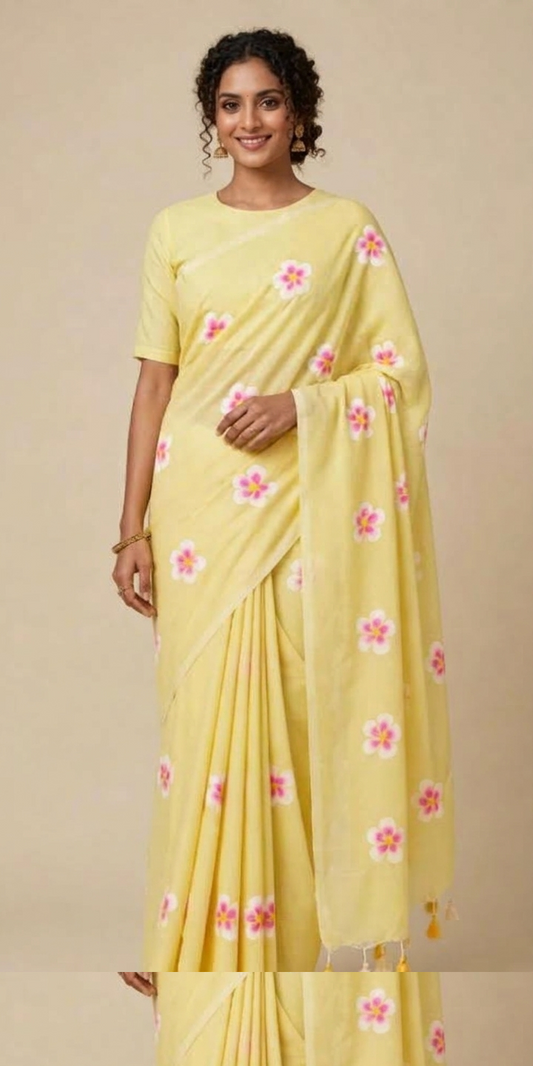 Lemon yellow floral Printed Mul Cotton Saree