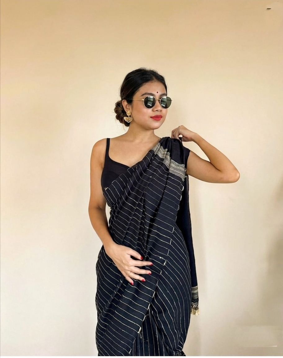 Bhujodi style black cotton striped saree