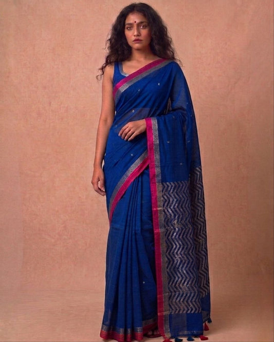 Royal blue organic cotton linen saree