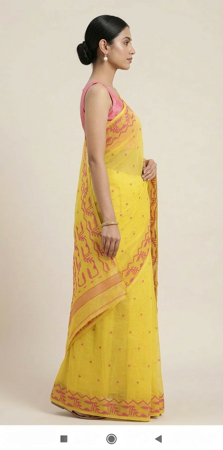 Yellow and red jamdani woven resham Silk