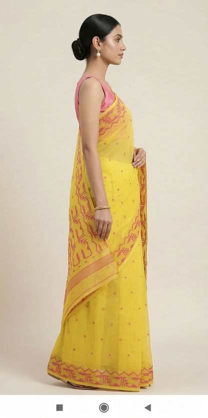 Yellow and red jamdani woven resham Silk