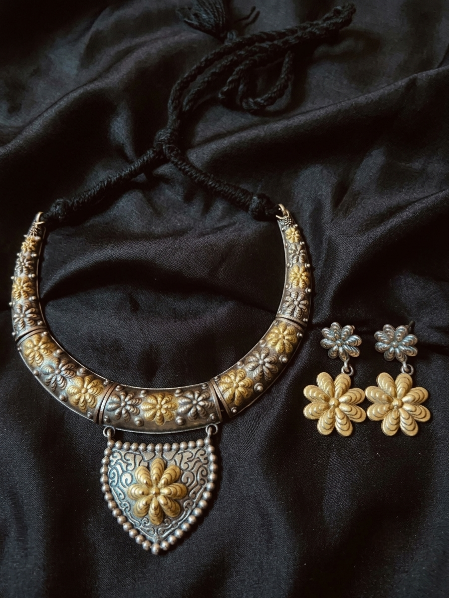 Vintage Dual-Tone Floral Hashuli Choker Necklace and Earring Set