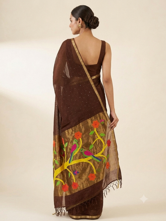 Choco Brown Handspun White Resham Paithni Silk Saree