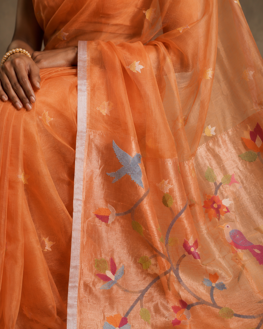Orange handspun resham silk saree
