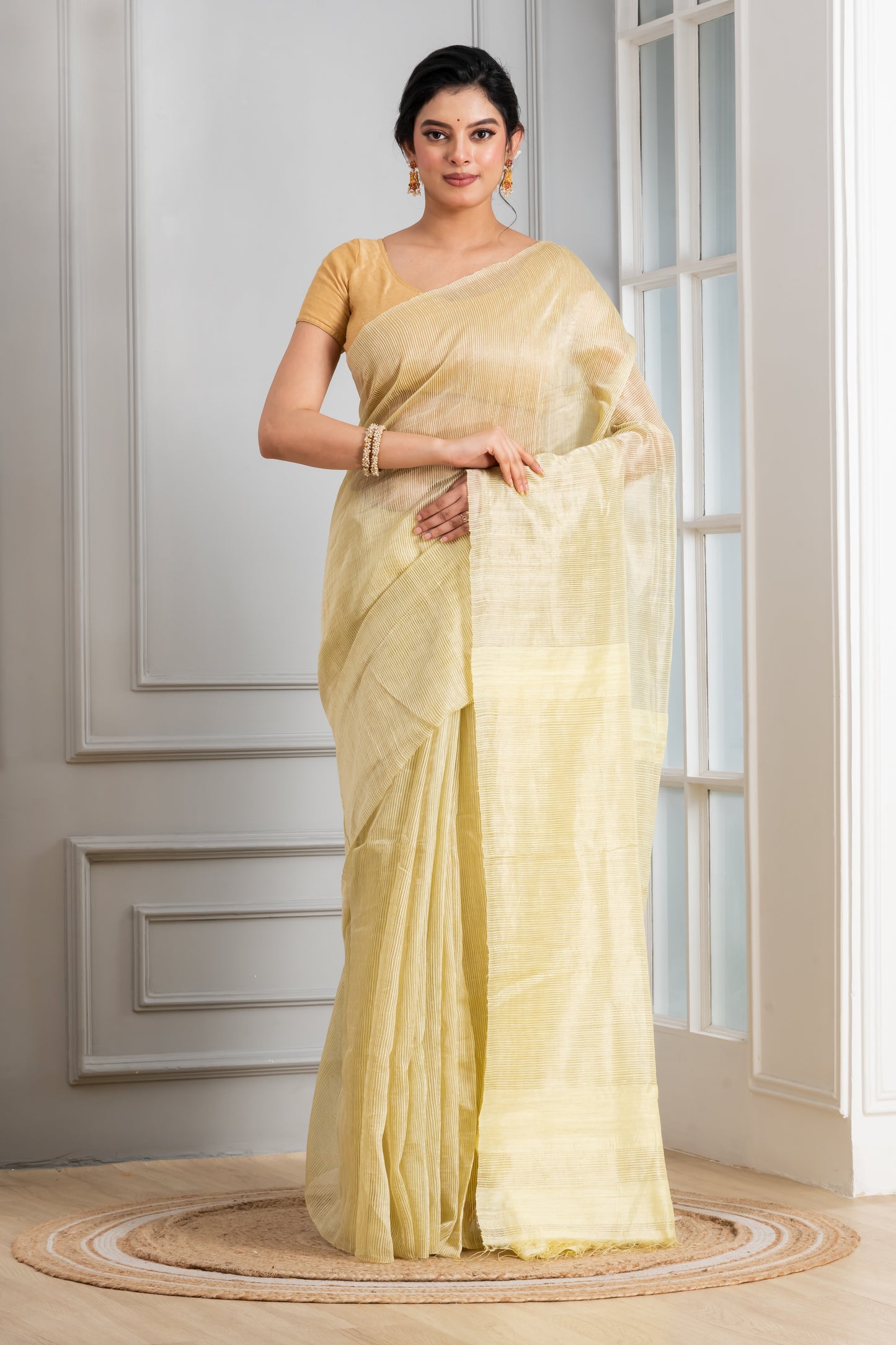 Lemon yellow Striped Matka silk saree