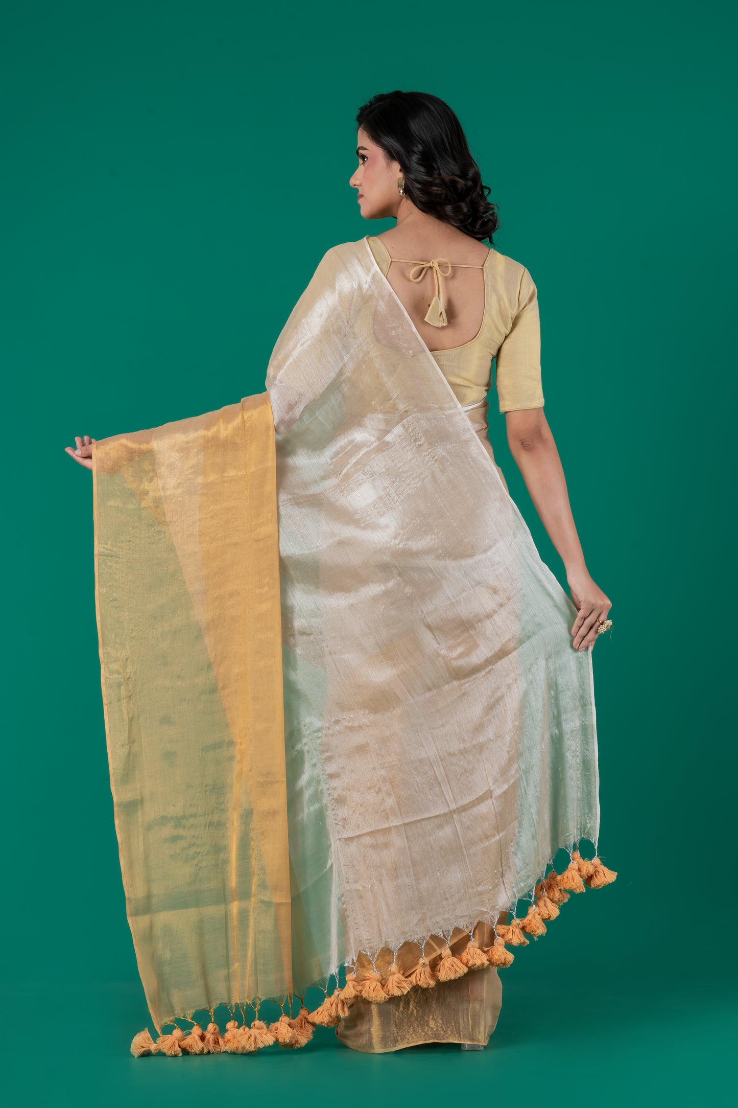 Half n half gold silver Tissue cotton saree