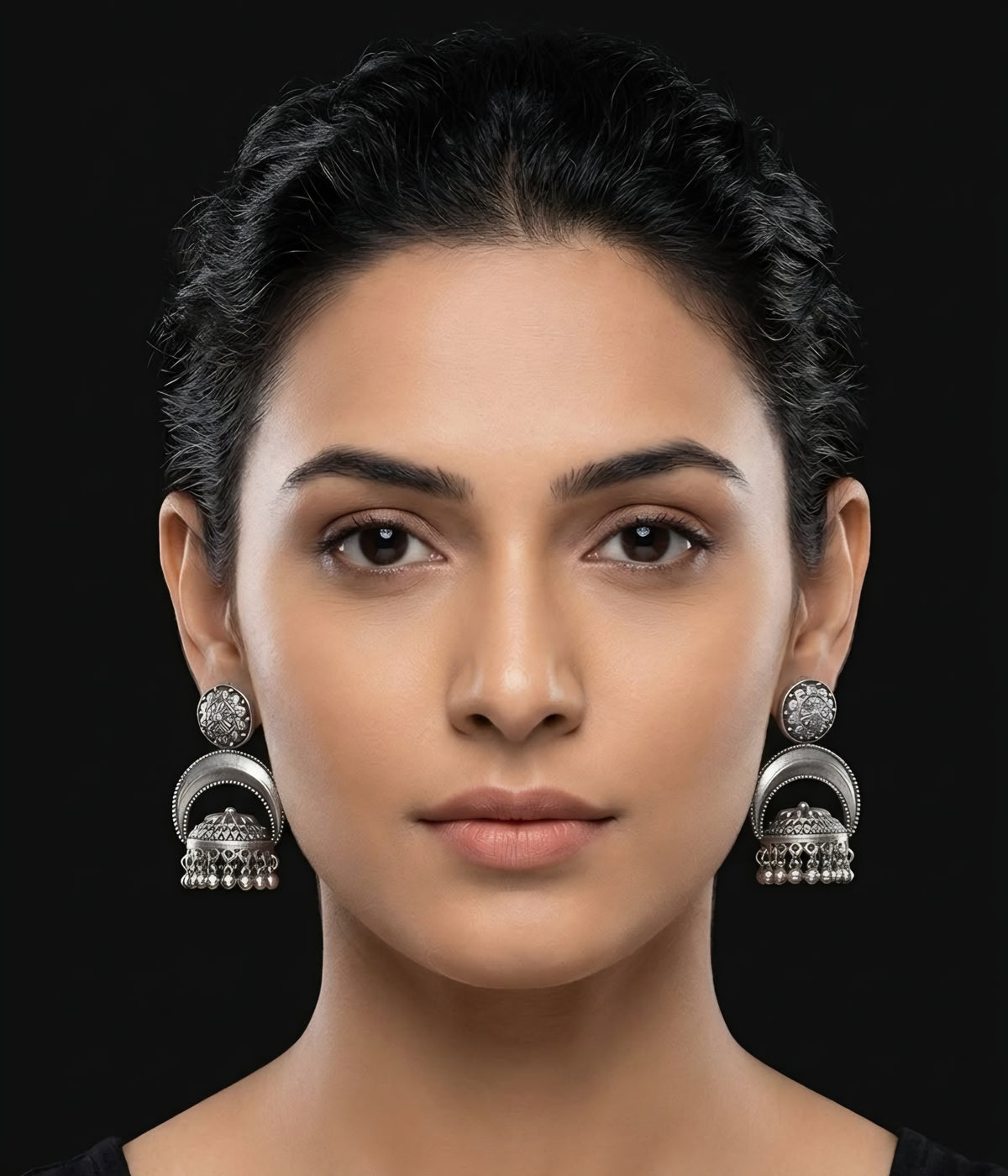 Handcrafted silver polish crescent dome jhumki earrings