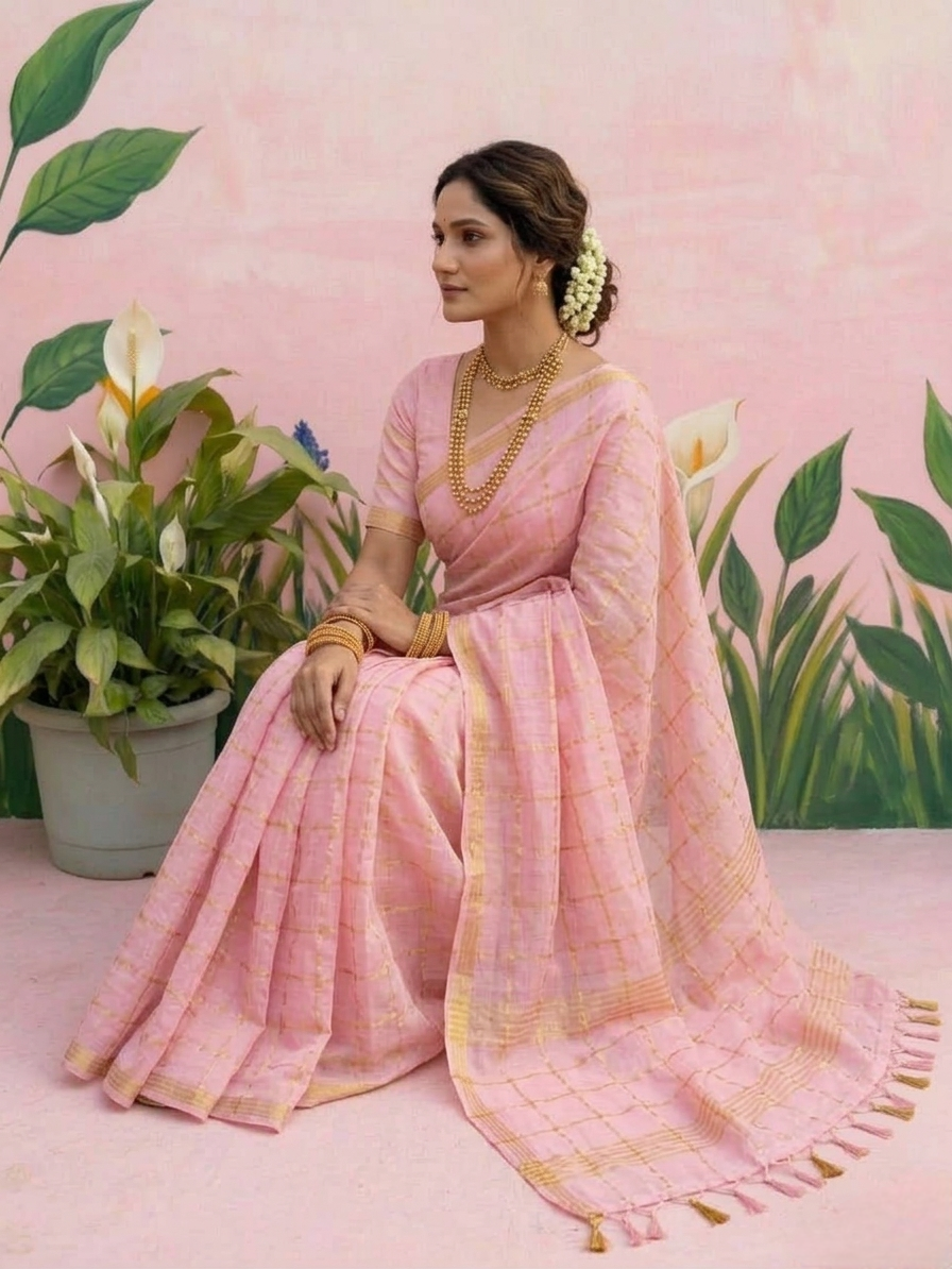Light pink pure resham silk saree