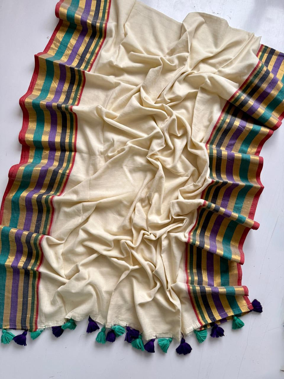 Off white mulmul cotton saree multi border