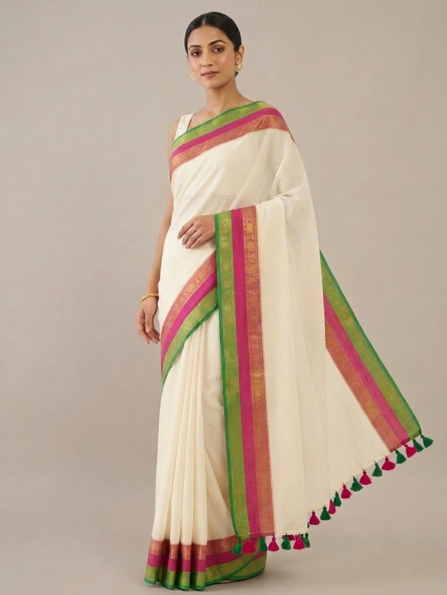 Pink green Kanchi Border Mul Cotton Saree