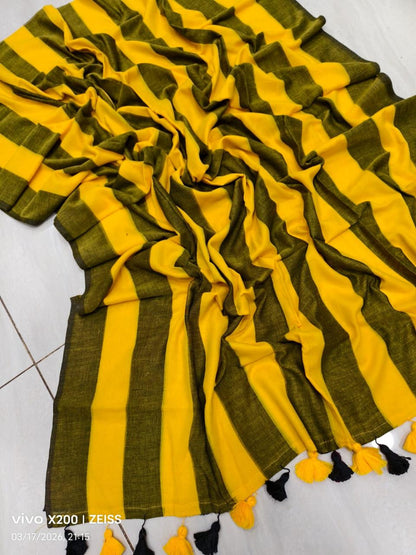 Yellow n black striped mulmul cotton saree