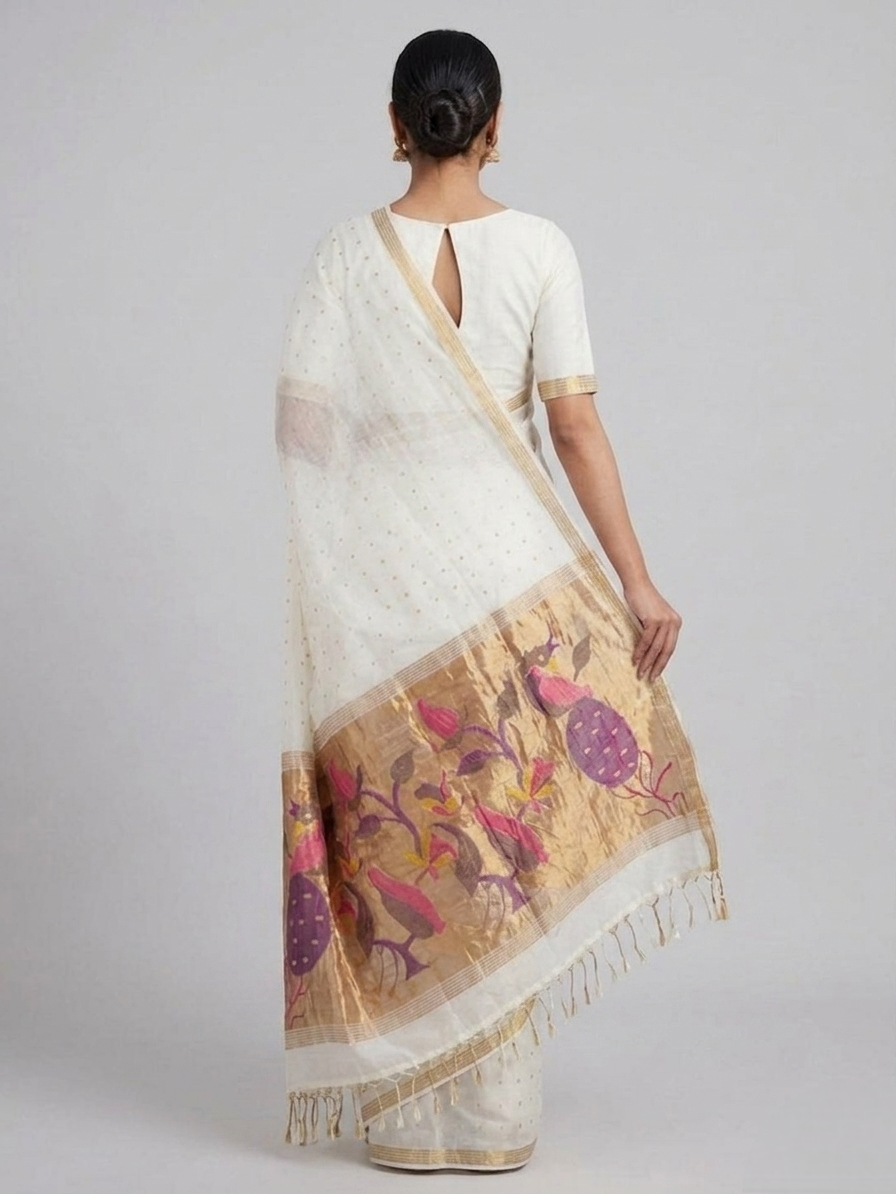 Off white handspun resham paithani silk saree