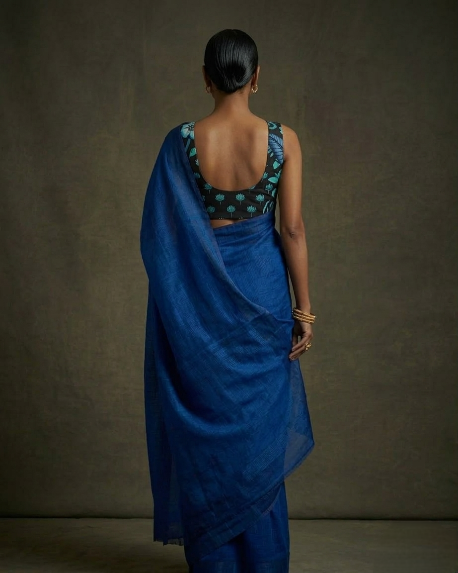 Royal blue color mangalgiri cotton saree with hand-painted kalamkari bP