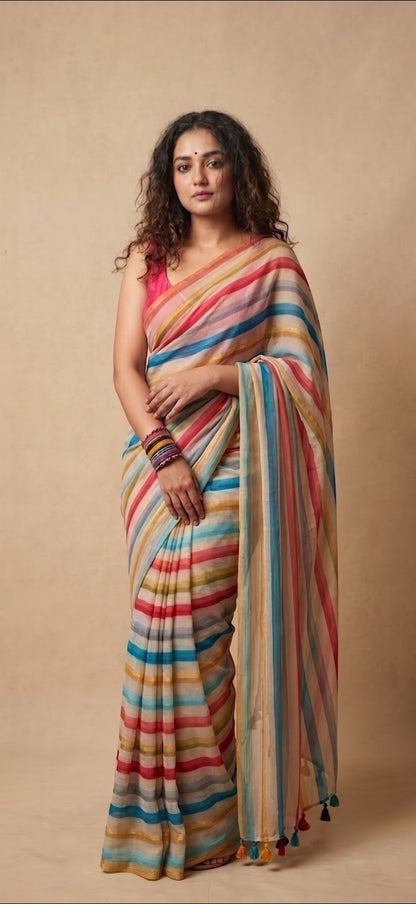 Multi colour striped mulmul cotton saree