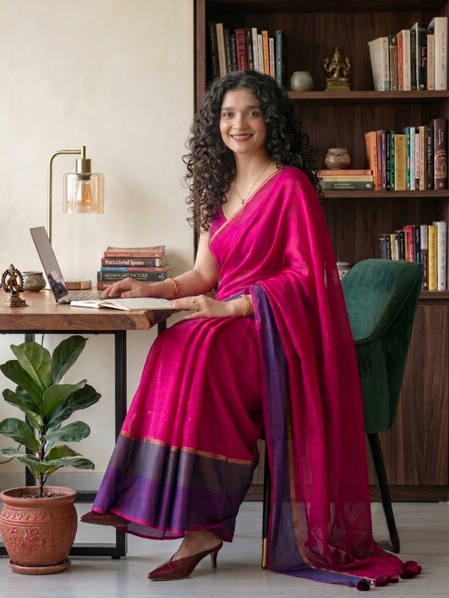 Dual border dark pink mulmul cotton saree