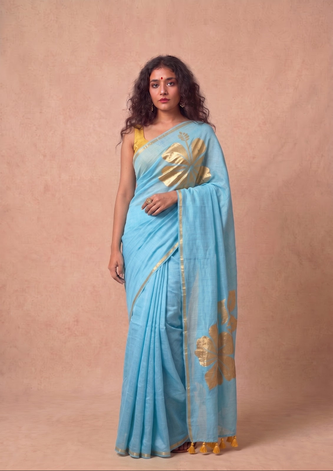 Golden flower sky blue mulmul cotton saree