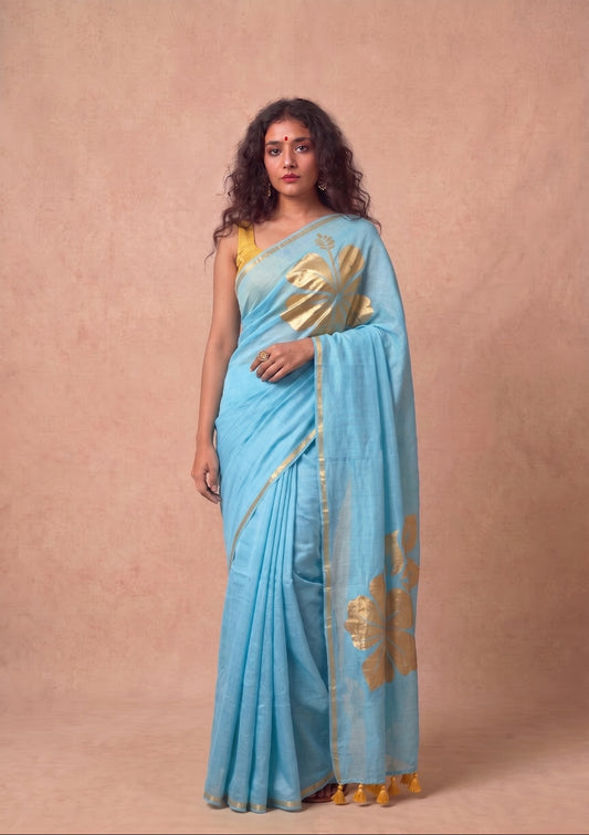 Golden flower sky blue mulmul cotton saree