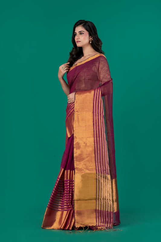 Maroon & Gold linen saree