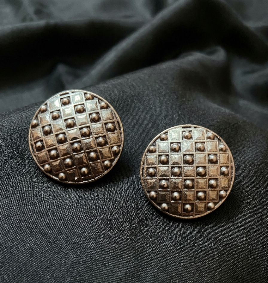 Antique Finish Geometric Round Stud Earrings