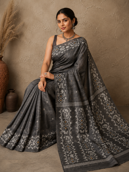 Dark grey tussar Jamdani saree