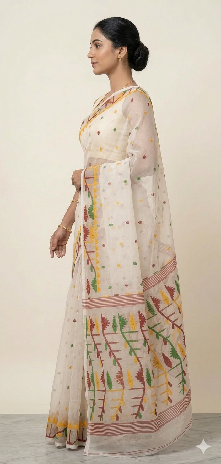 Offwhite handwoven jamdani resham Silk